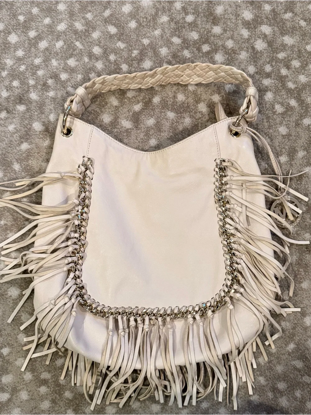 Authentic Michael Kors Vienna Cream Leather Fringe Hobo Bag Gold Chain